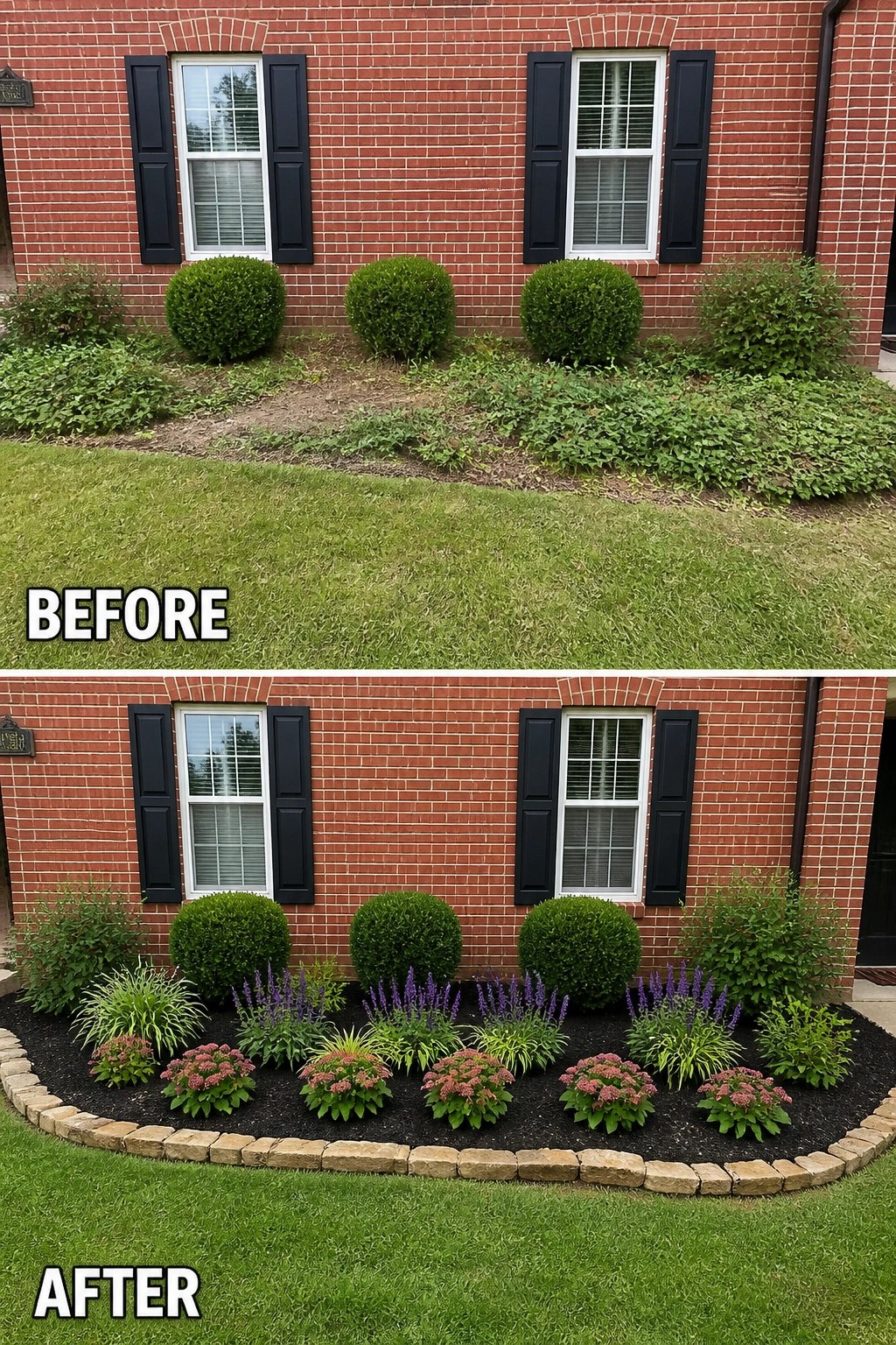 Before-and-after brick facade: weed-filled bed transformed into stone-edged mulch garden with boxwoods, purple flowers