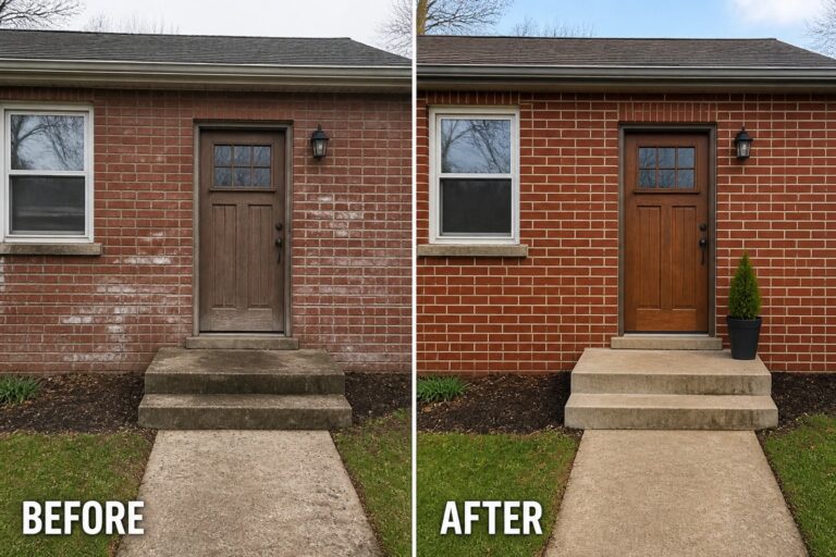 Before-and-after red brick entry: cleaned bricks, concrete stoop, dark wood door, black mailbox.