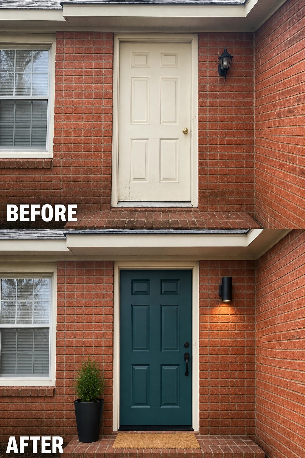 Before-and-after image of a front porch where a plain white door