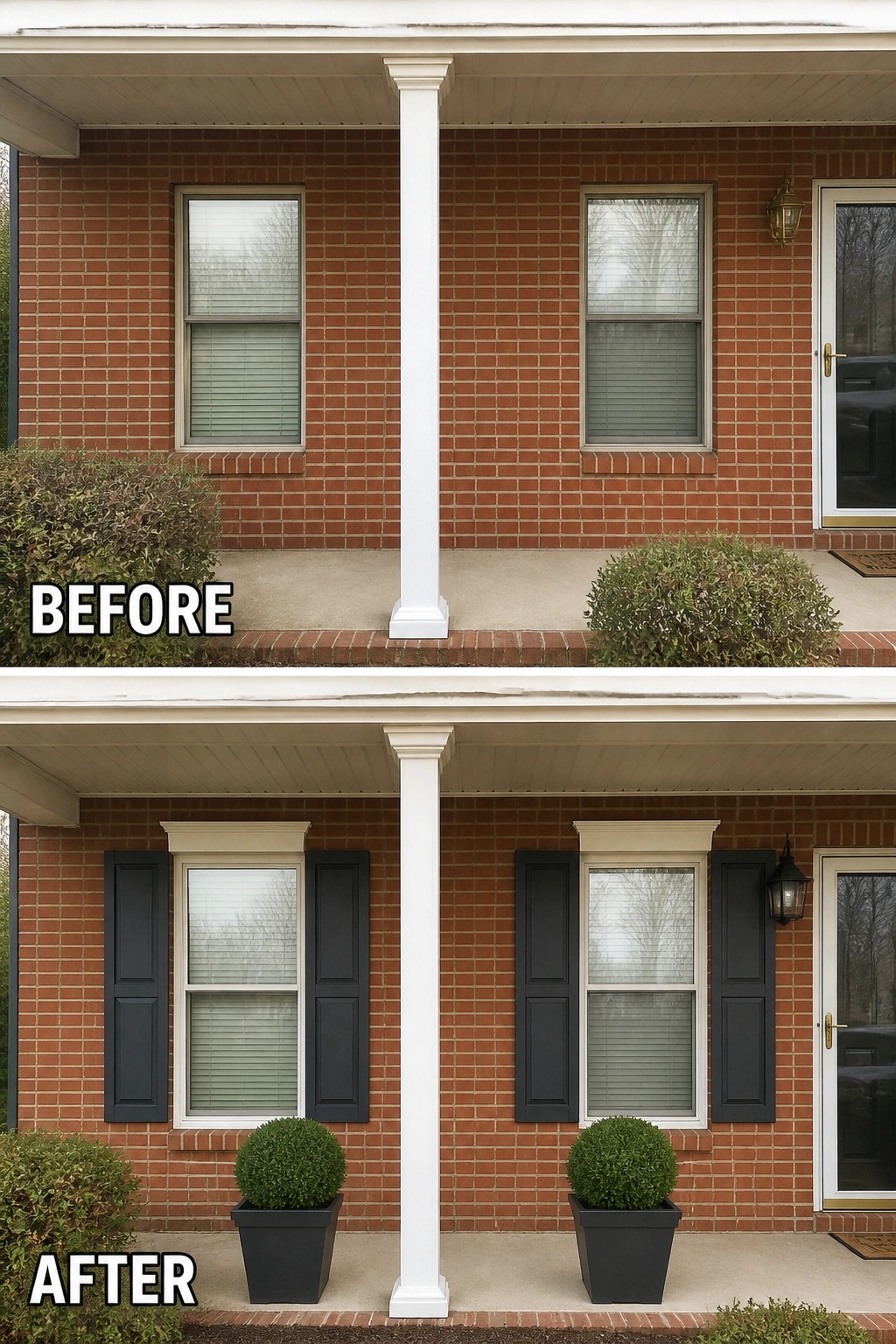 Before-and-after image of a brick front porch updated by adding dark window shutters and matching potted boxwood planters to frame the entry.