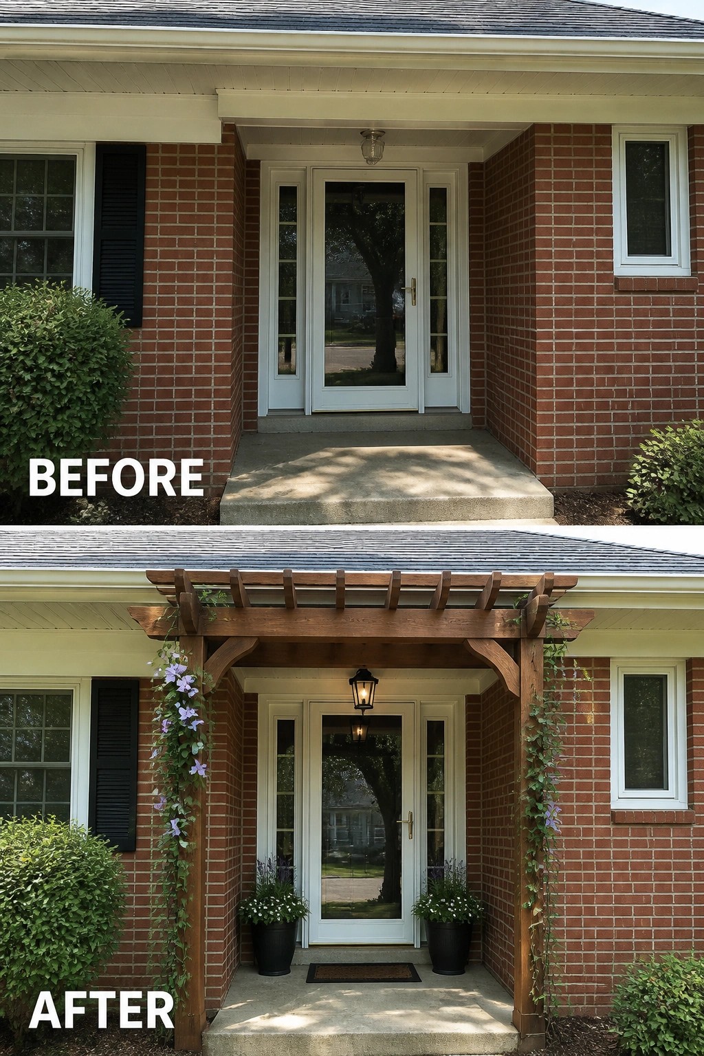 Before-and-after image of a bare front porch updated with a wooden pergola, hanging lantern, and potted planters.