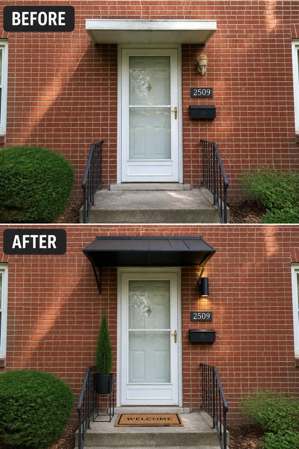Before-and-after image of a plain front porch updated with a metal awning, outdoor sconce, planter, mailbox, and welcome mat.