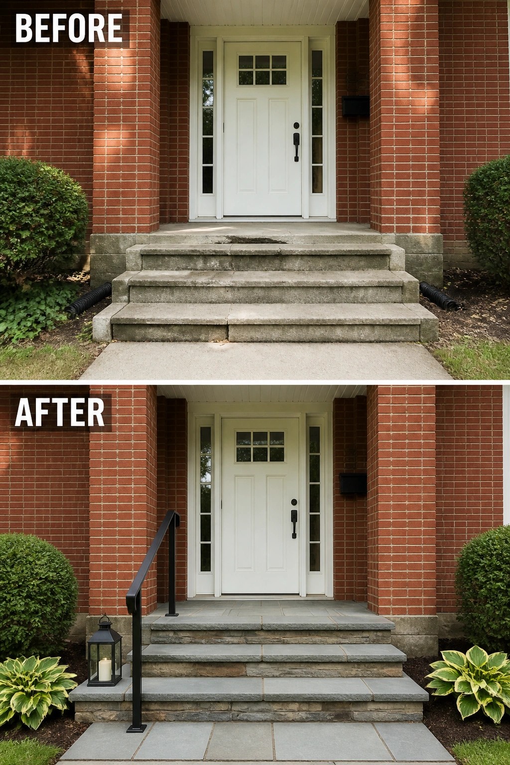 Before-and-after image of a front porch where cracked concrete steps were replaced with stone treads and a black handrail, plus a lantern and planted borders.