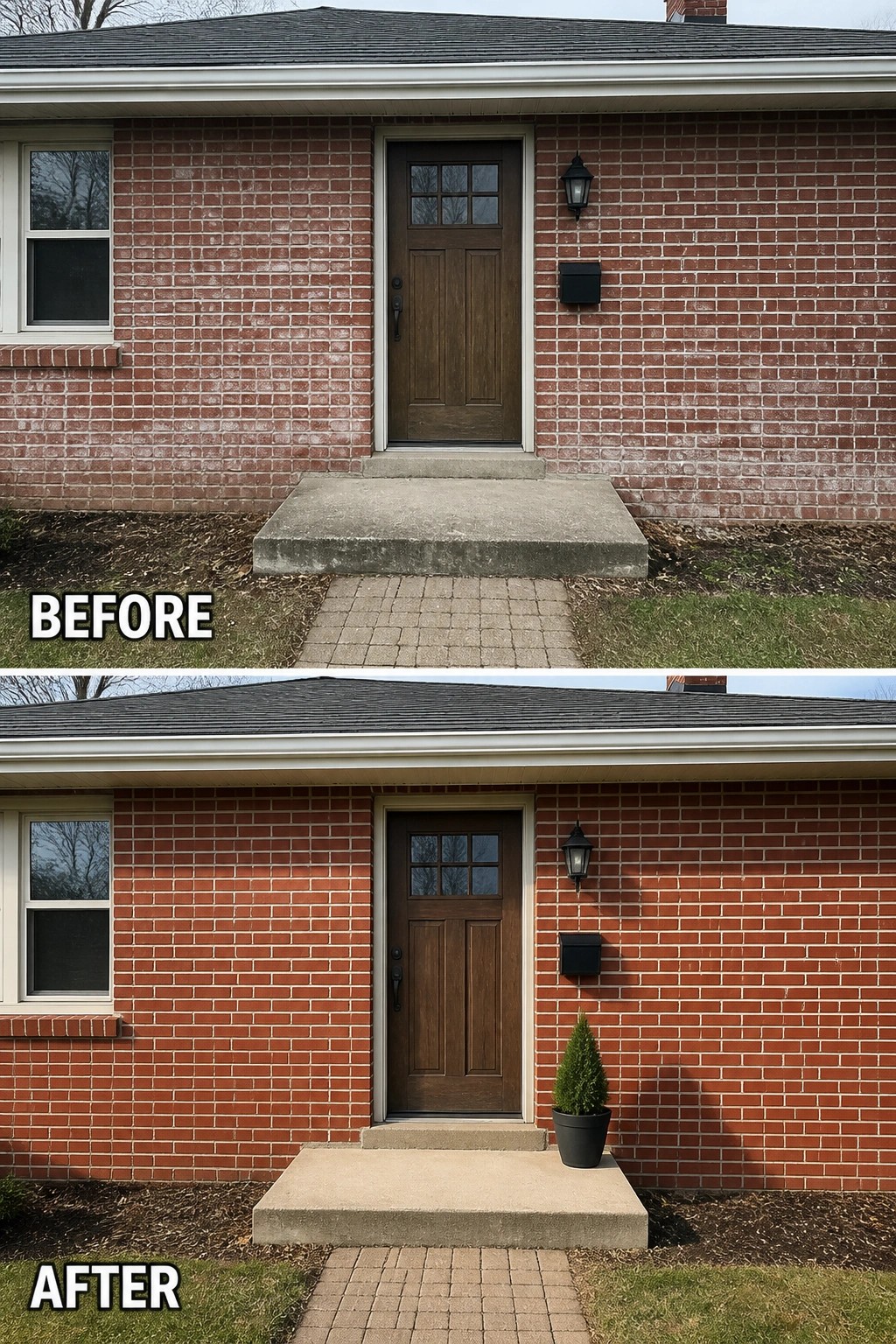 Before-and-after red brick entry: cleaned bricks, concrete stoop, dark wood door, black mailbox.