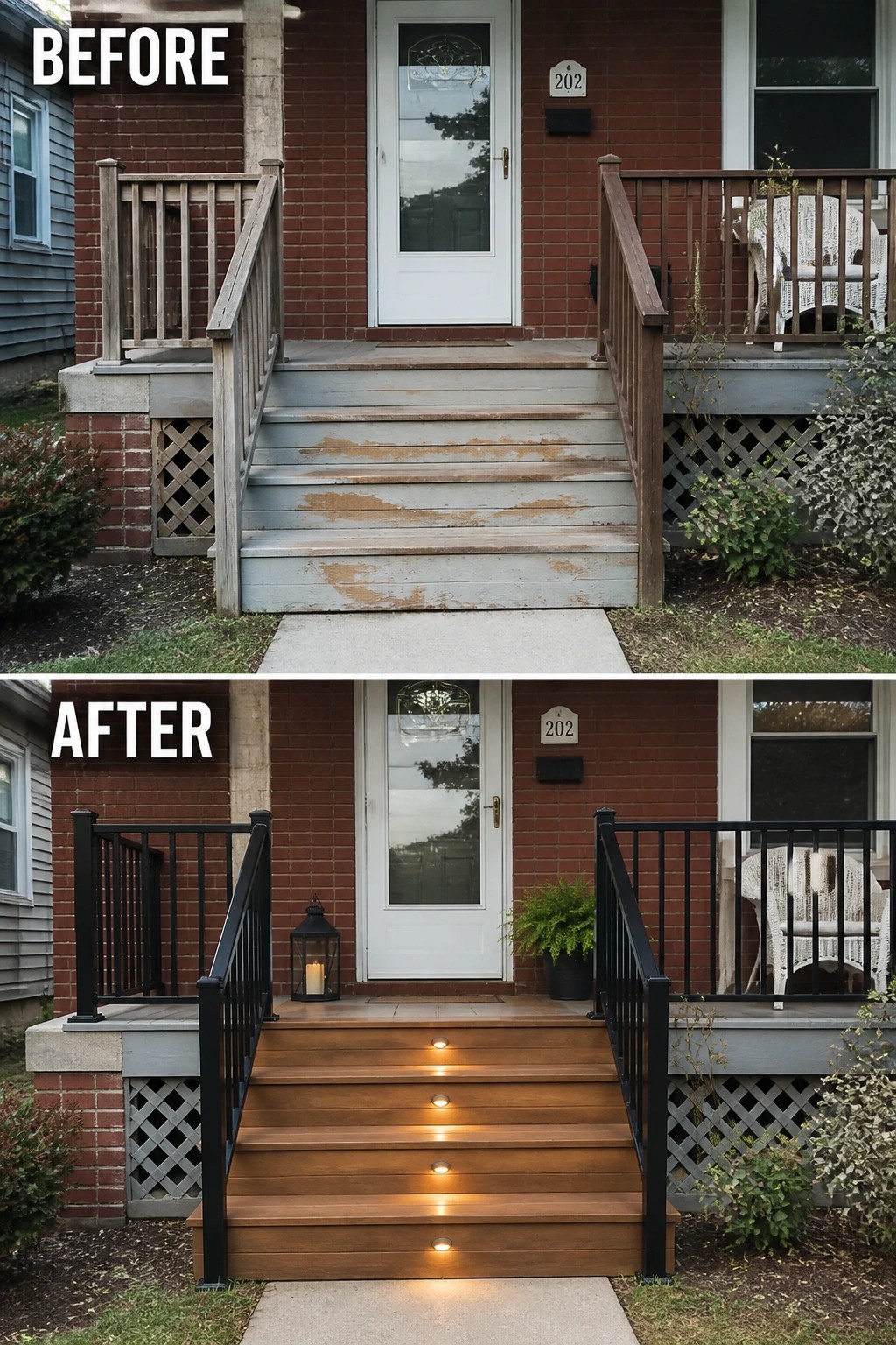 Before-and-after image of a front porch where worn painted stairs were replaced with new wooden treads, black metal railings, and recessed step lights.