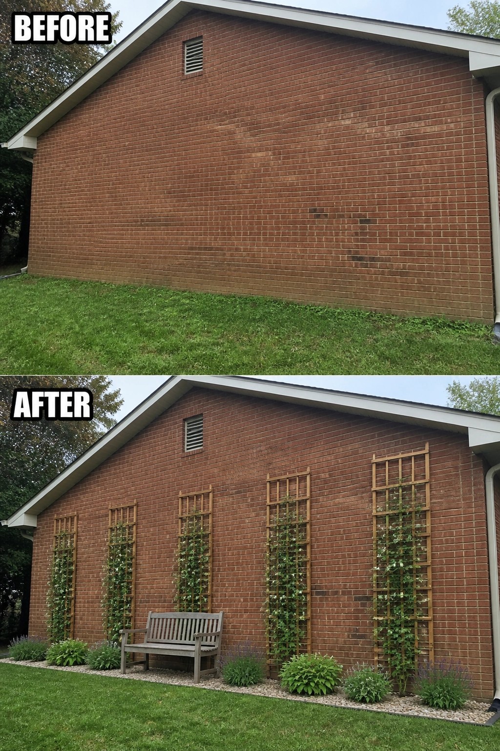 Before-and-after image of a plain red brick exterior wall updated with several wooden trellises, climbing plants, a bench, and a narrow planted bed.
