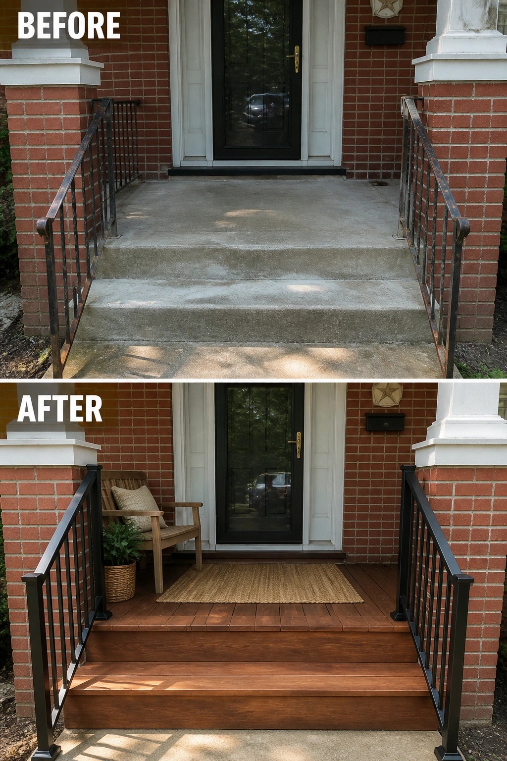 Before-and-after image of a plain concrete front porch updated with wood decking, new steps, and simple seating with a rug.
