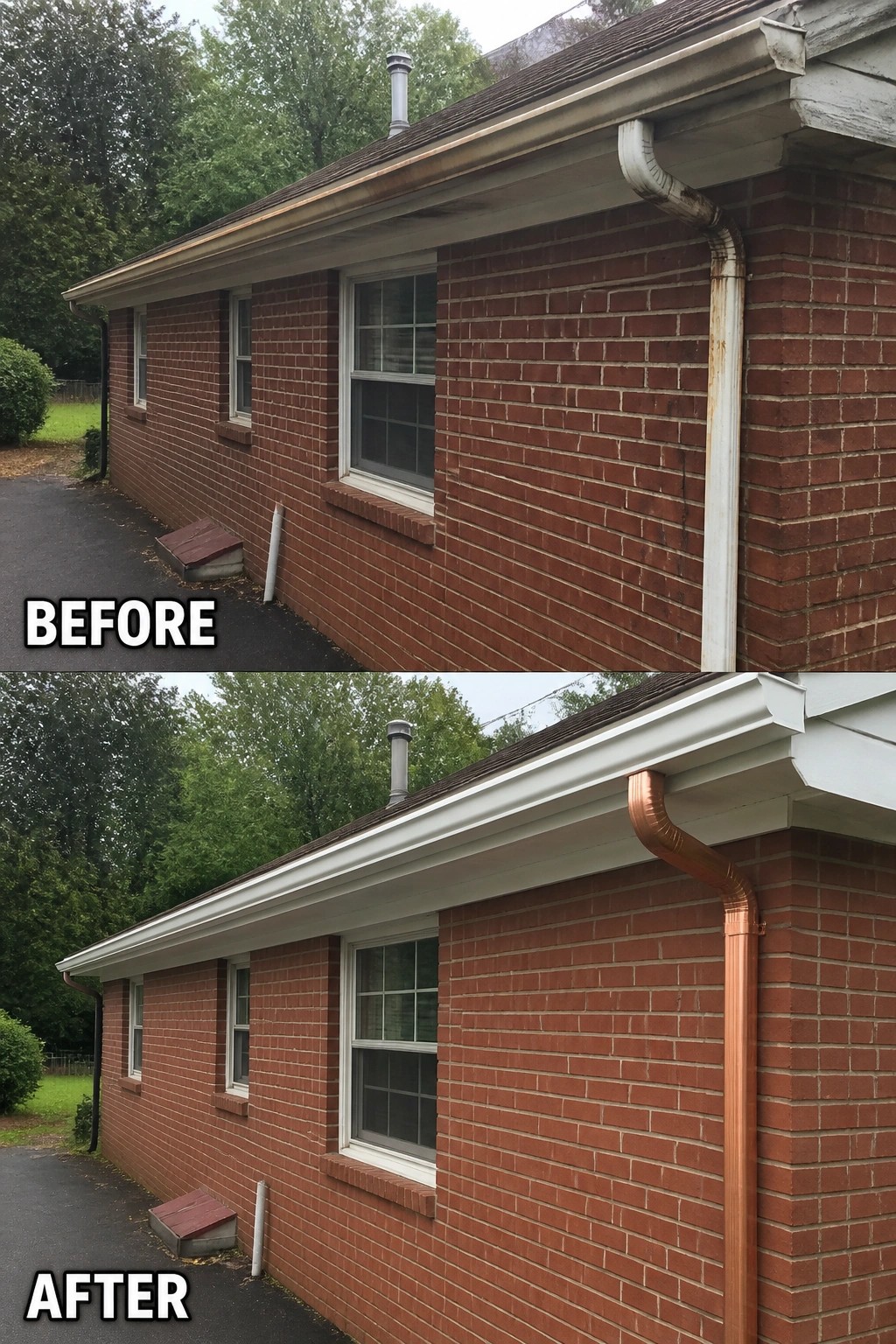 Before-and-after image of a brick house exterior where a stained white downspout and worn trim are replaced with a new copper downspout and fresh white trim.