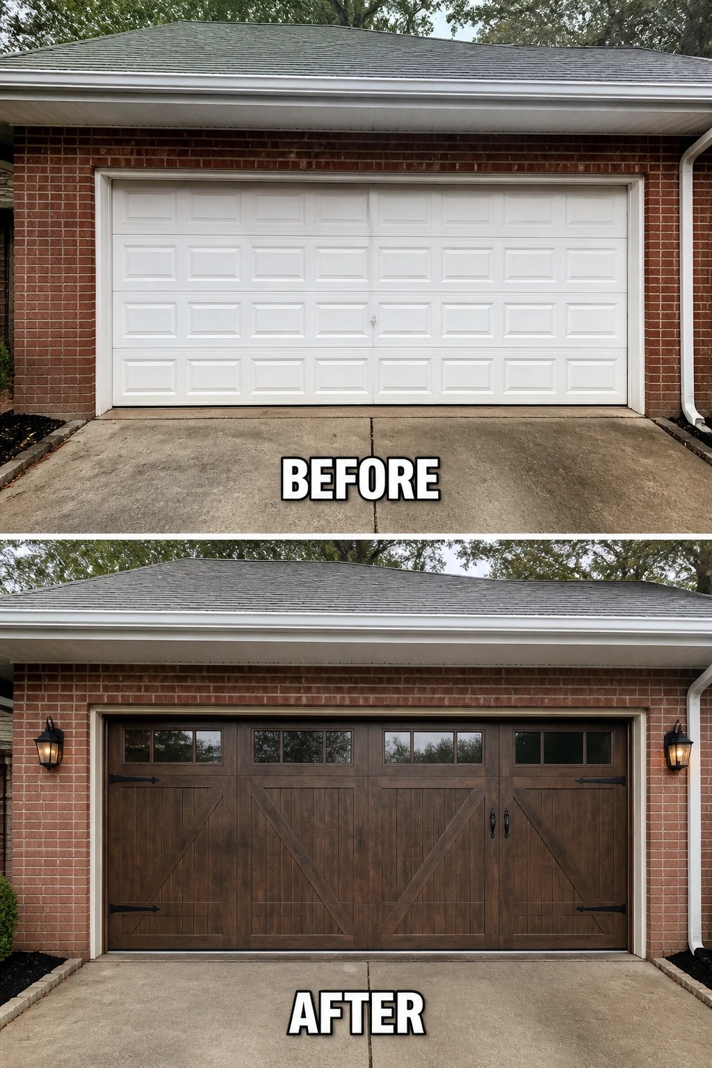 Before-and-after image of a red brick garage where a plain white sectional door is replaced by