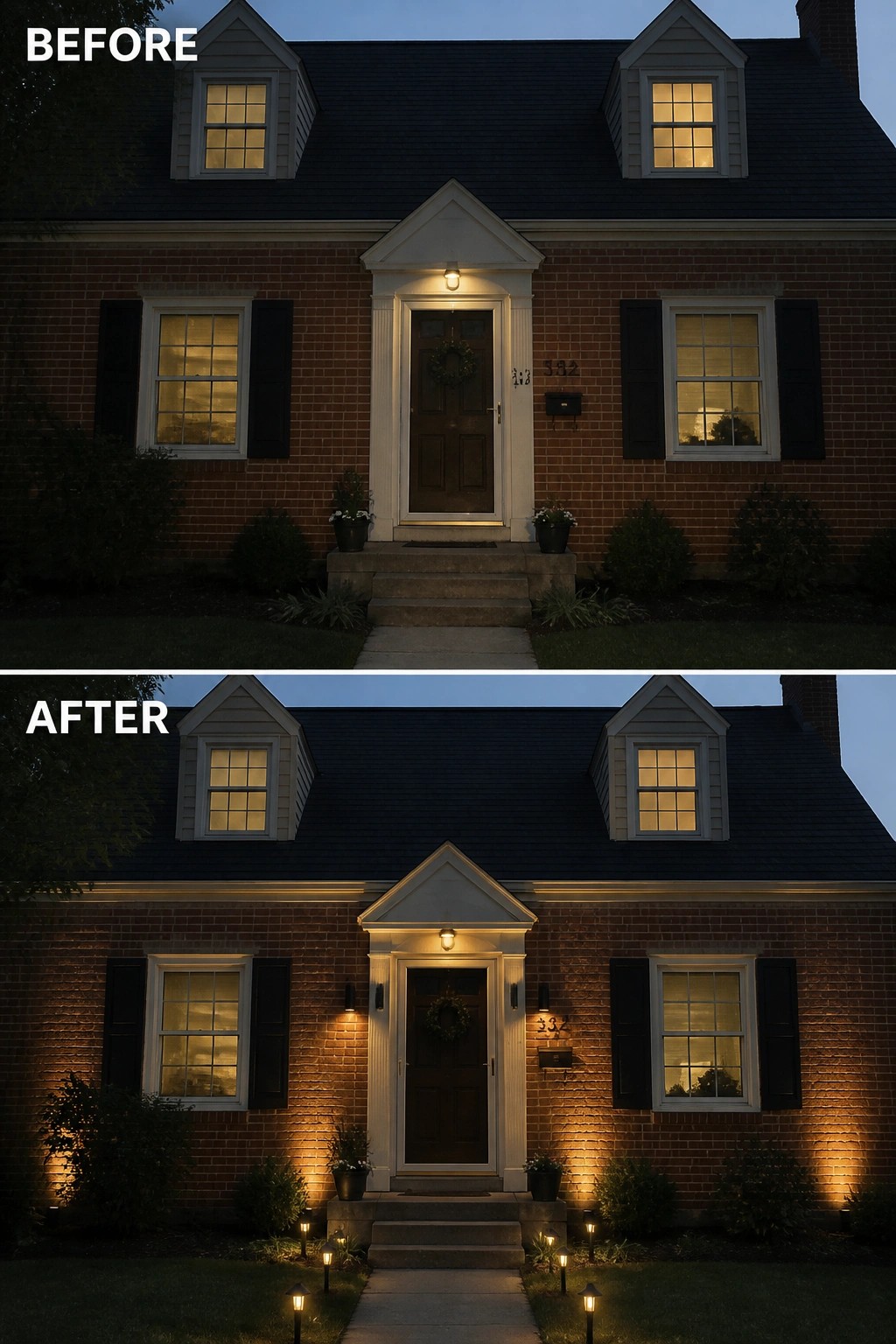 Before-and-after image of a red brick house exterior updated with wall sconces, ground uplights, and pathway lights to illuminate the entry.