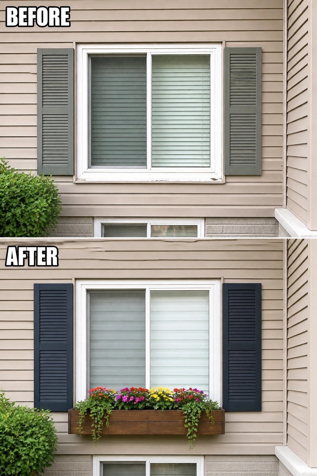 Before-and-after image of a house exterior where a plain window is updated with dark shutters and a wooden window box filled with colorful flowers.