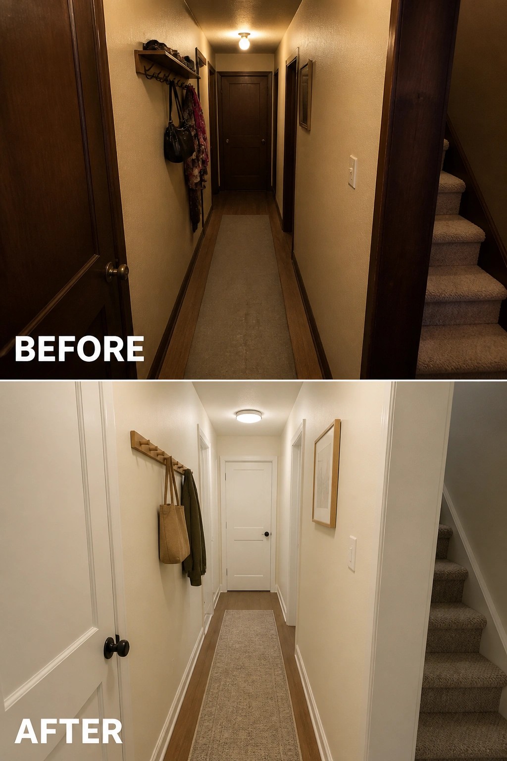 Before-and-after image of a narrow interior hallway updated by painting dark wood trim and doors white and replacing a bare ceiling bulb with a flush light fixture.