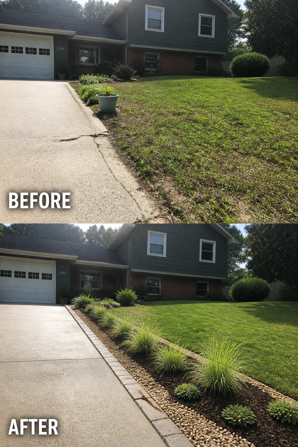 Before-and-after image of a patchy front lawn turned into a tidy yard with a paved edge and a planted bed of ornamental grasses and gravel along the driveway.