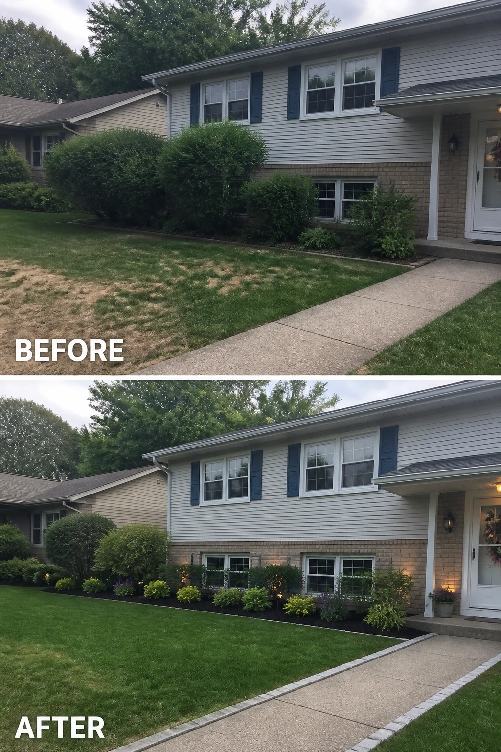 Before-and-after image of a split-level house where overgrown foundation shrubs are replaced by lower layered plantings, fresh mulch, and a clean edge with pathway lighting.