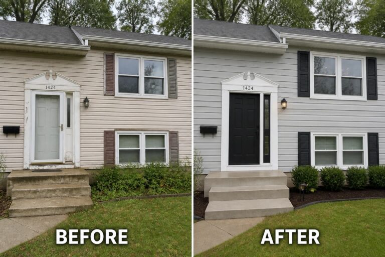 16 Simple Split Level House Refreshes Without Major Structural Changes Split before-and-after facade: faded beige siding, overgrown yard; updated gray siding, black door, white trim