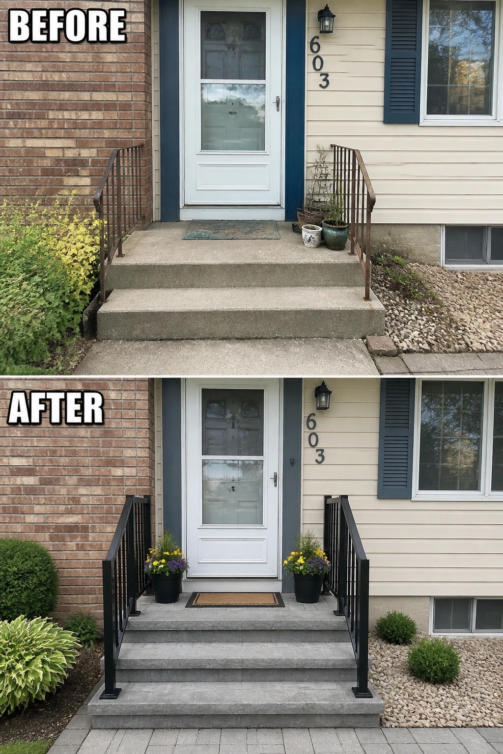 Before-and-after image of a front entry where plain concrete steps and thin railings were replaced with stone steps and new black metal railings.