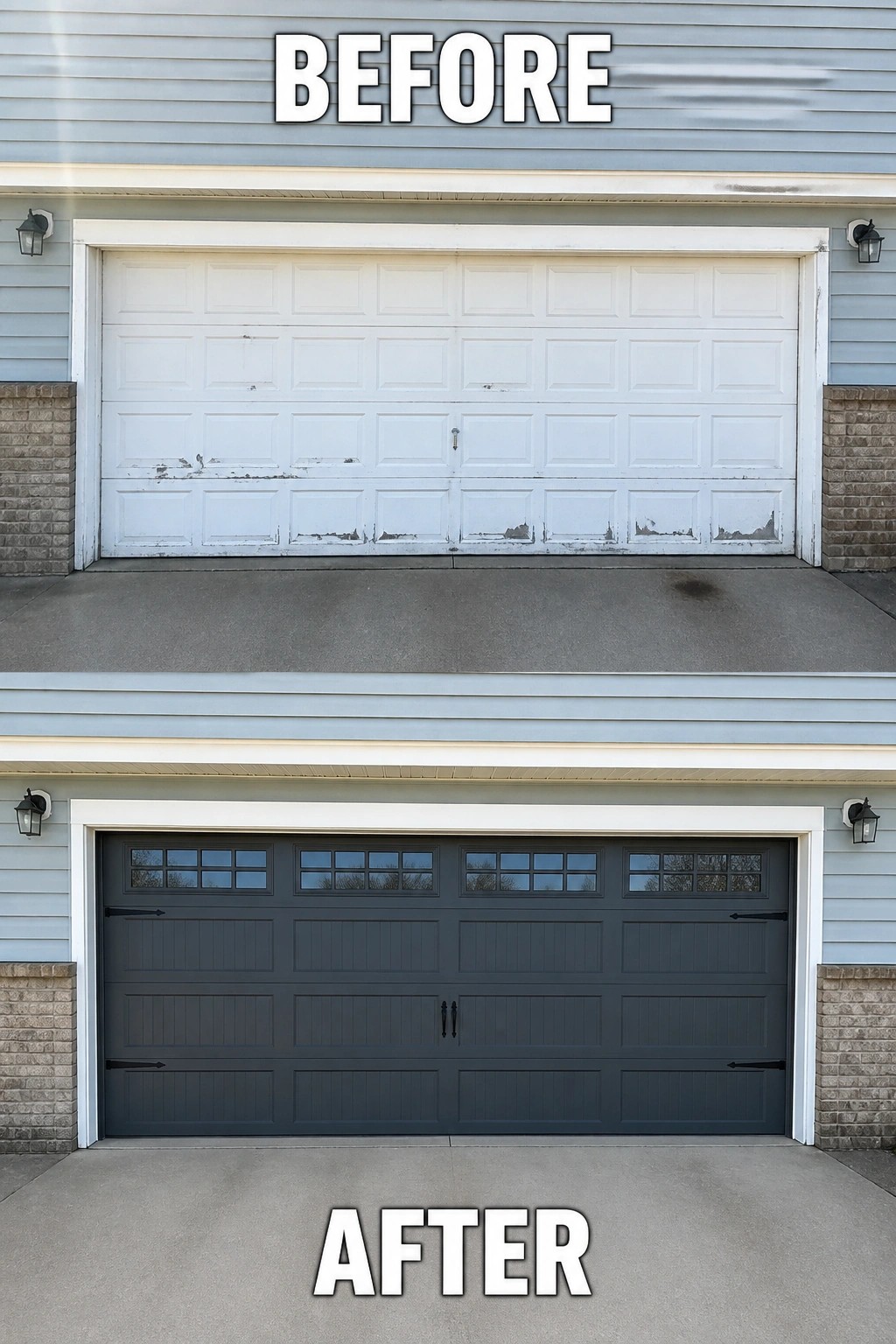 Before-and-after image of a garage showing a worn white door replaced by a dark gray carriage-style door with window panels and decorative hardware.