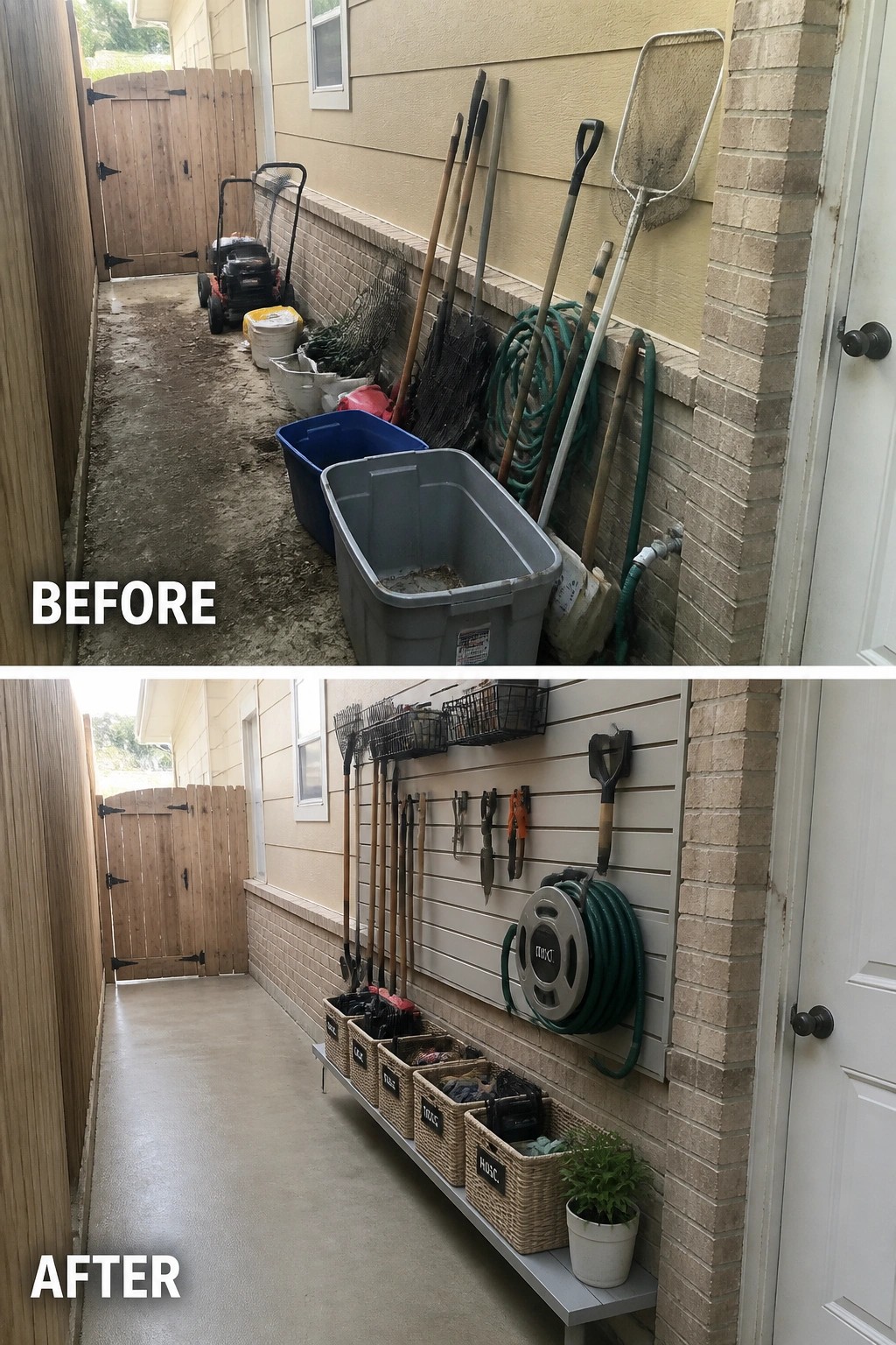 Before-and-after image of a narrow side yard cleaned and organized with wall-mounted slatboard storage, hooks, a hose reel, and labeled baskets on a low shelf.