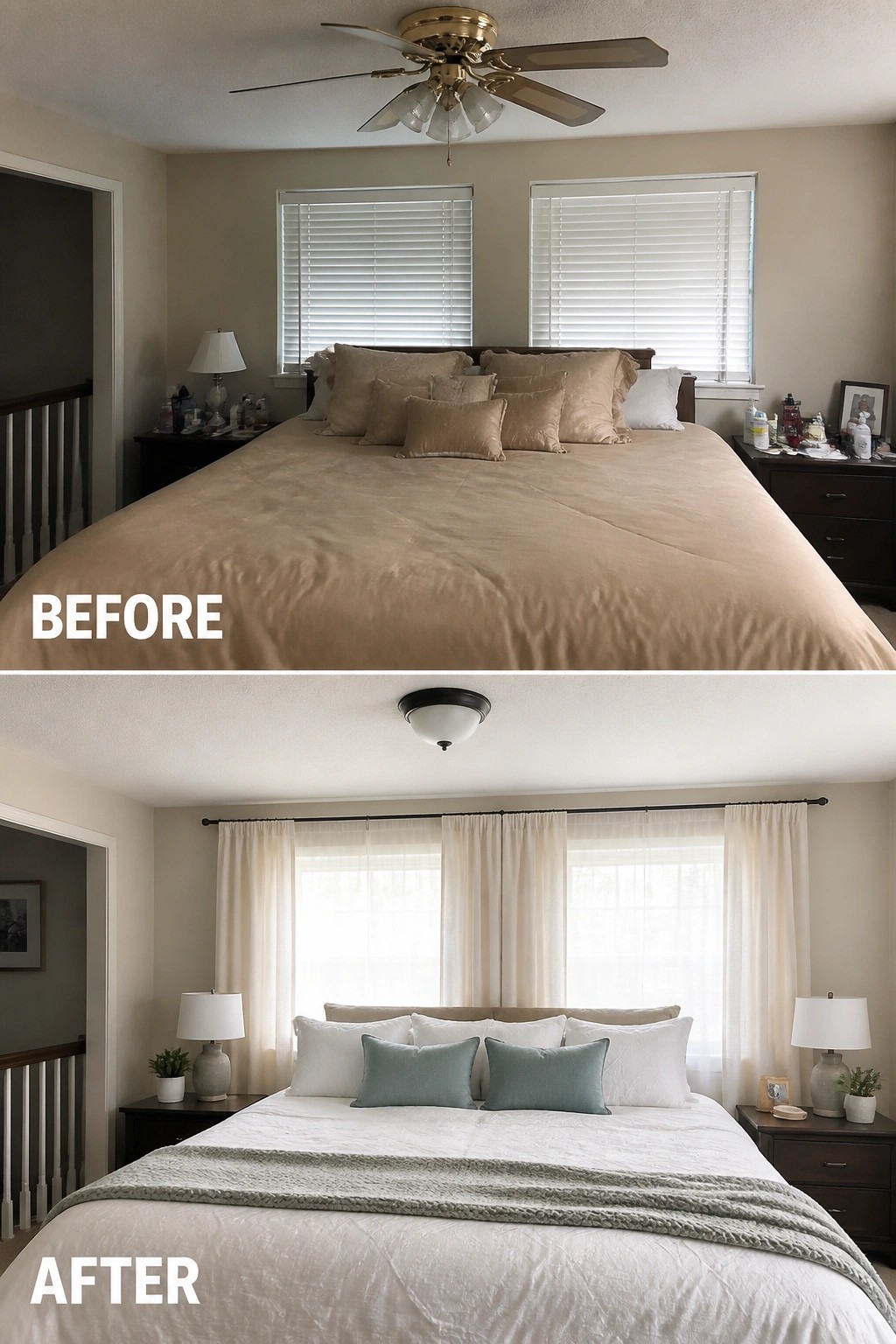 Before-and-after image of a bedroom updated by adding floor-to-ceiling curtains, lighter bedding, and simple bedside styling to create a brighter, more finished look.