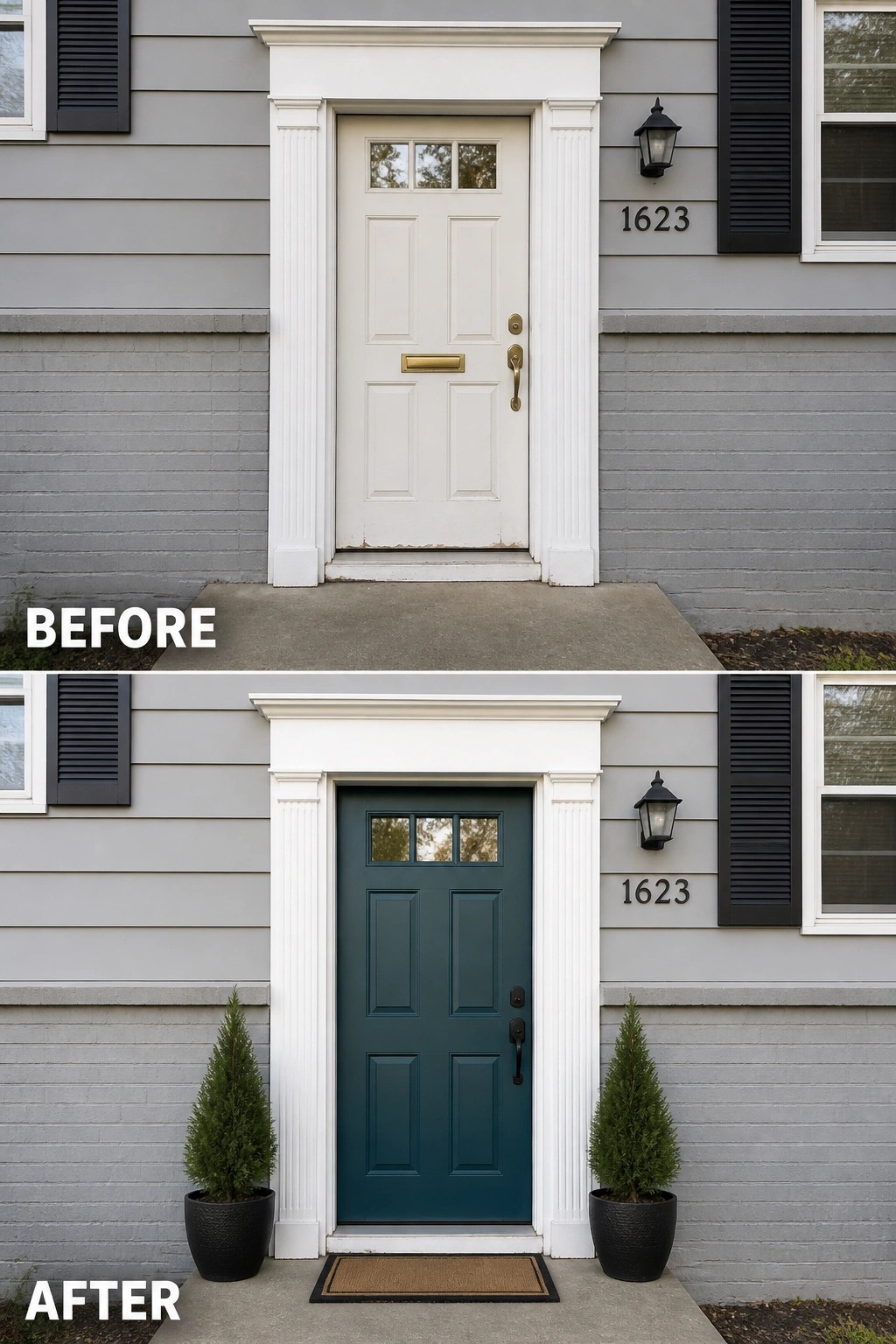 Before-and-after image of a plain front entry updated with a darker painted front door, new hardware, potted plants, and a doormat.