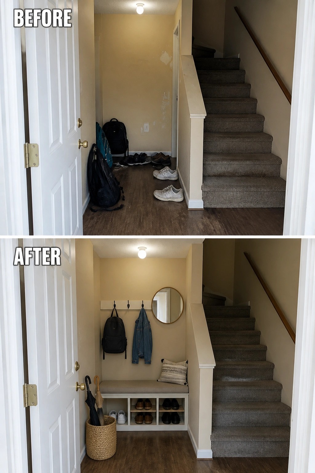 Before-and-after image of a narrow entryway turned into a small organized mudroom with a bench, shoe cubbies, wall hooks, and a round mirror.