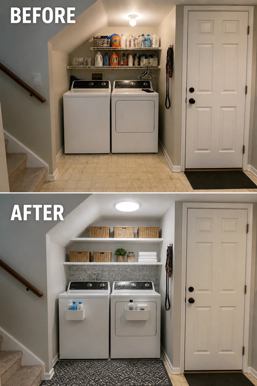 Before-and-after image of a small under-stairs laundry nook updated with floating shelves, matching baskets, a new ceiling light, and a rug.