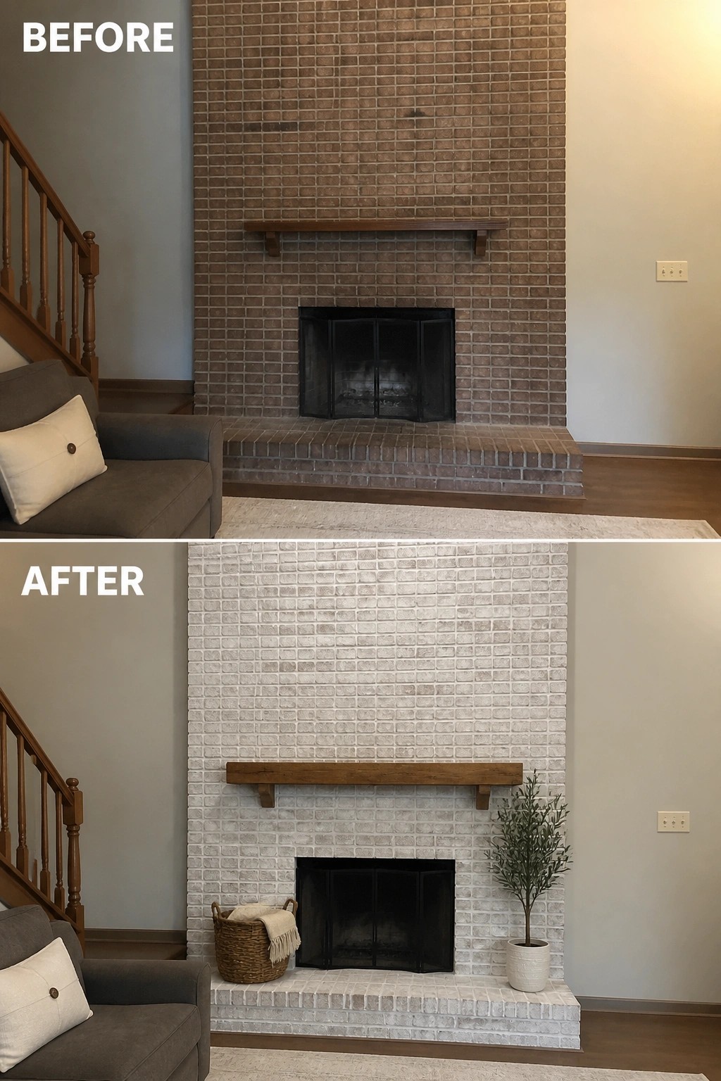 Before-and-after image of a living room fireplace where dark brick is lightened with white paint or whitewash and a simple wood mantel and minimal decor are added.