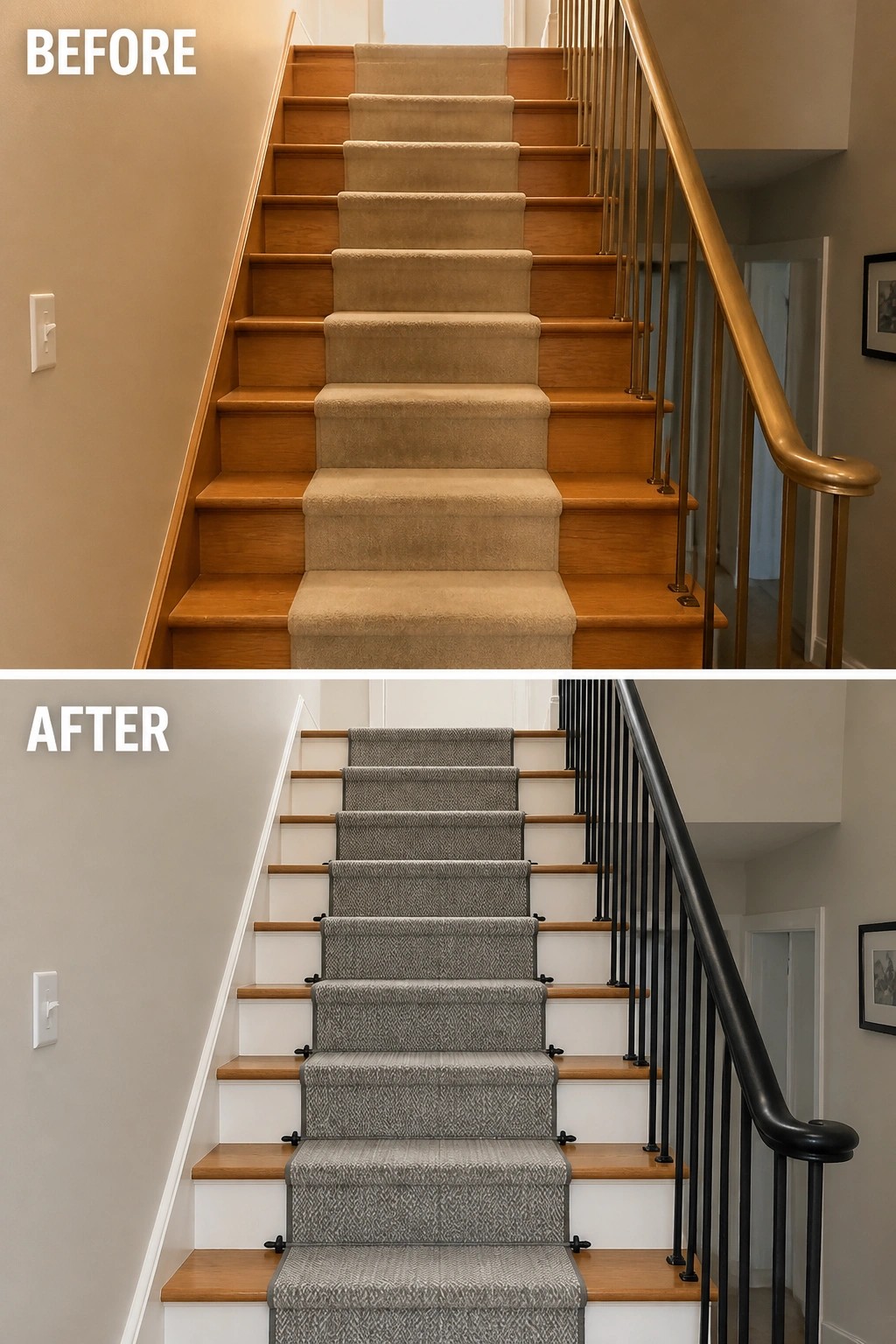Before-and-after image of a staircase updated by replacing a beige carpet runner with a gray patterned runner, painting the risers white, and changing brass railing accents to black.