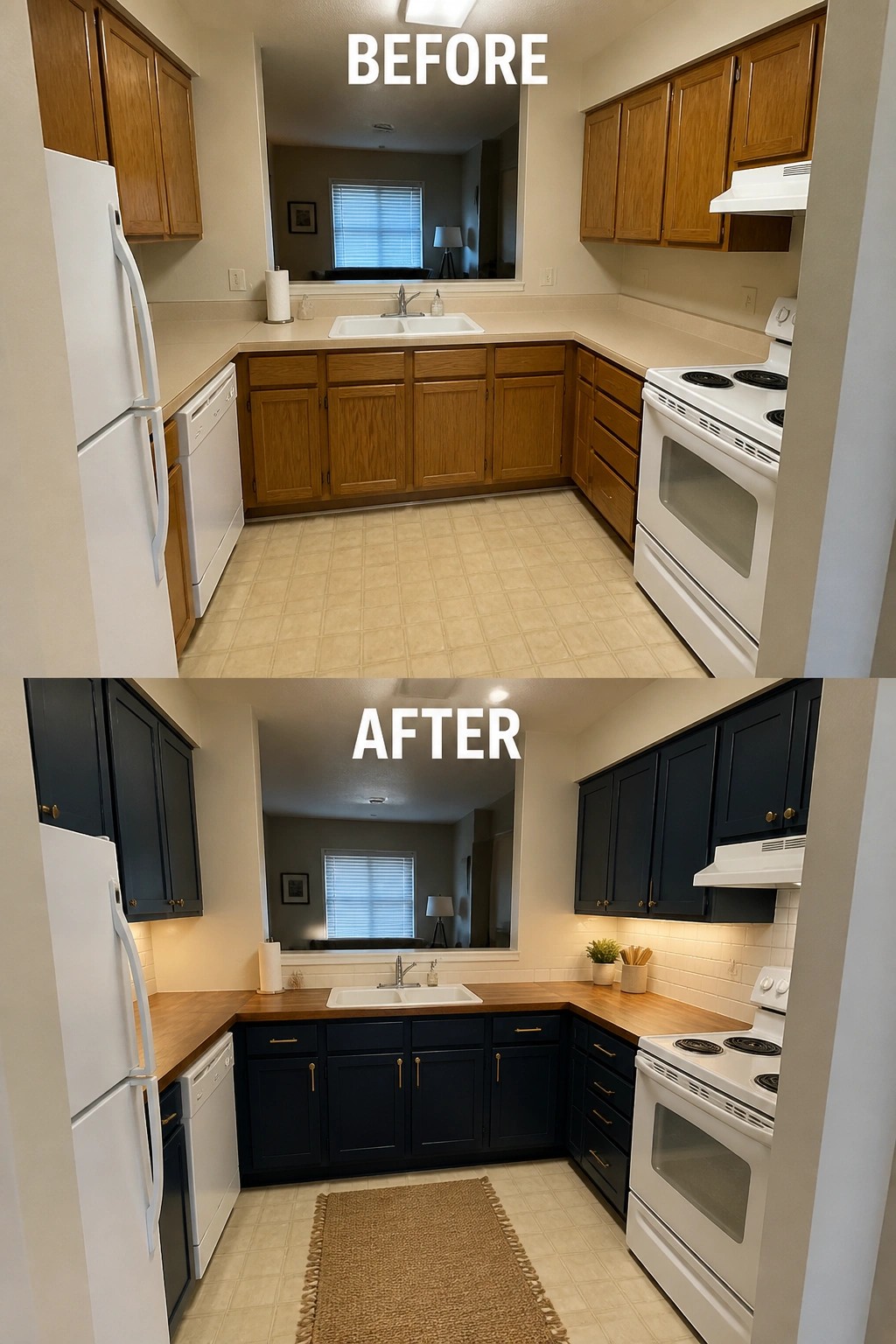Before-and-after image of a kitchen updated by painting the cabinets dark blue and replacing the laminate countertop with a wood surface.