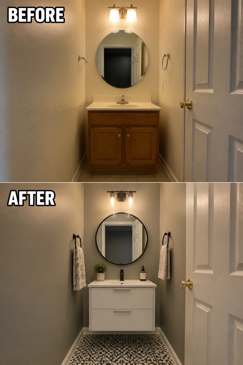 Before-and-after image of a small bathroom where a floor-standing wooden vanity is replaced by a wall-mounted white vanity with a round mirror and updated fixtures.