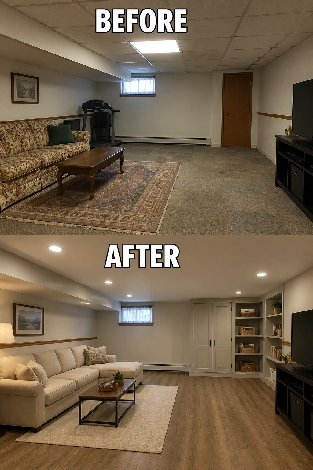 Before-and-after image of a basement living room updated with recessed ceiling lights, new wood-look flooring, a sectional sofa, and built-in shelving.