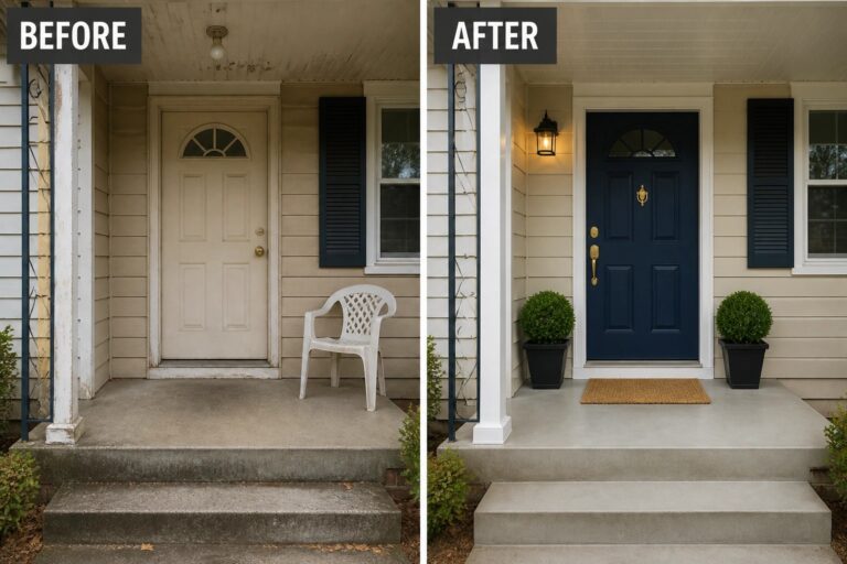 Before-and-after image of a small covered front porch updated with a painted blue door, new light fixture, matching potted shrubs, and a welcome mat.