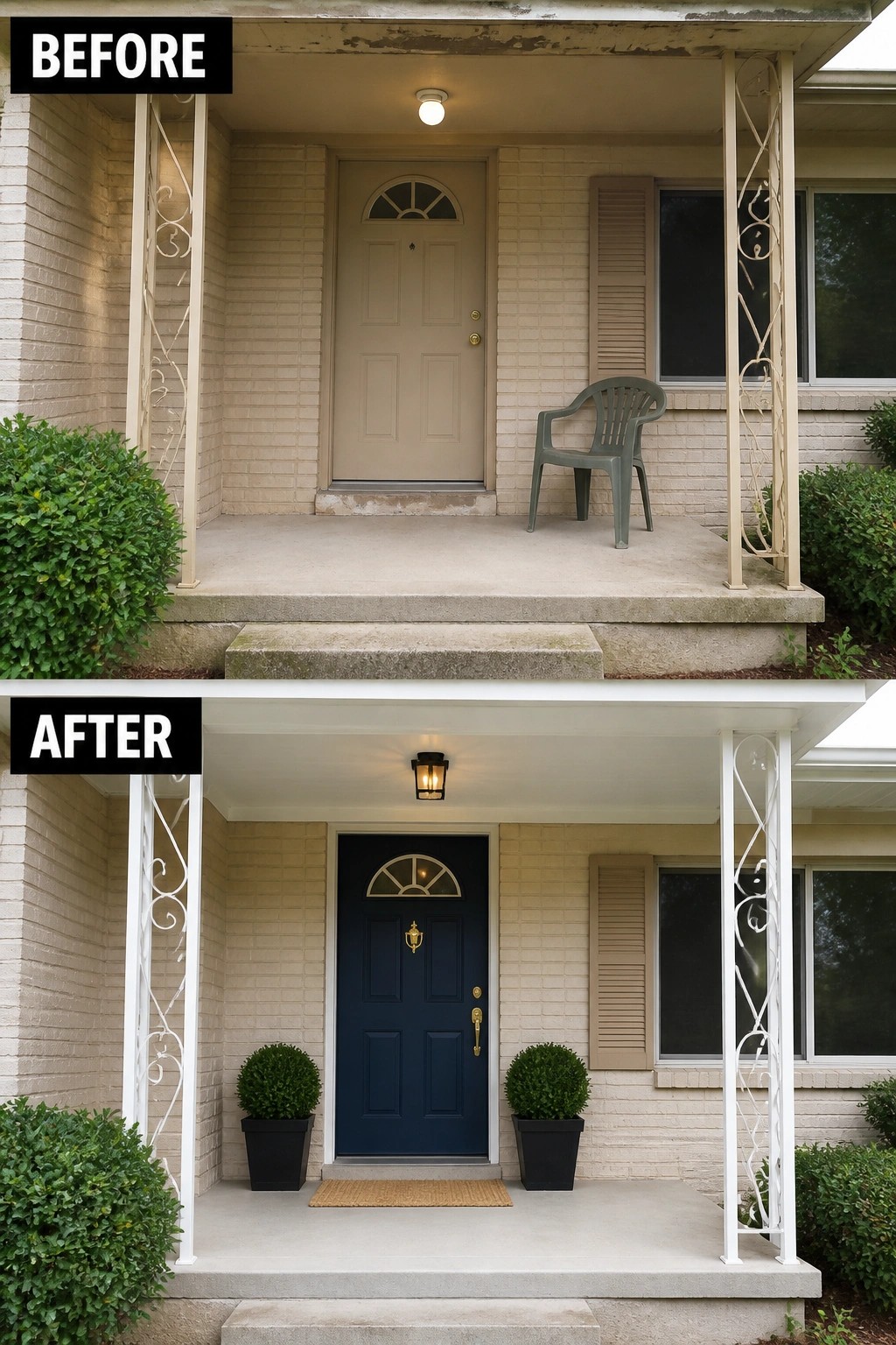 Before-and-after image of a small covered front porch updated with a painted blue door, new light fixture, matching potted shrubs, and a welcome mat.