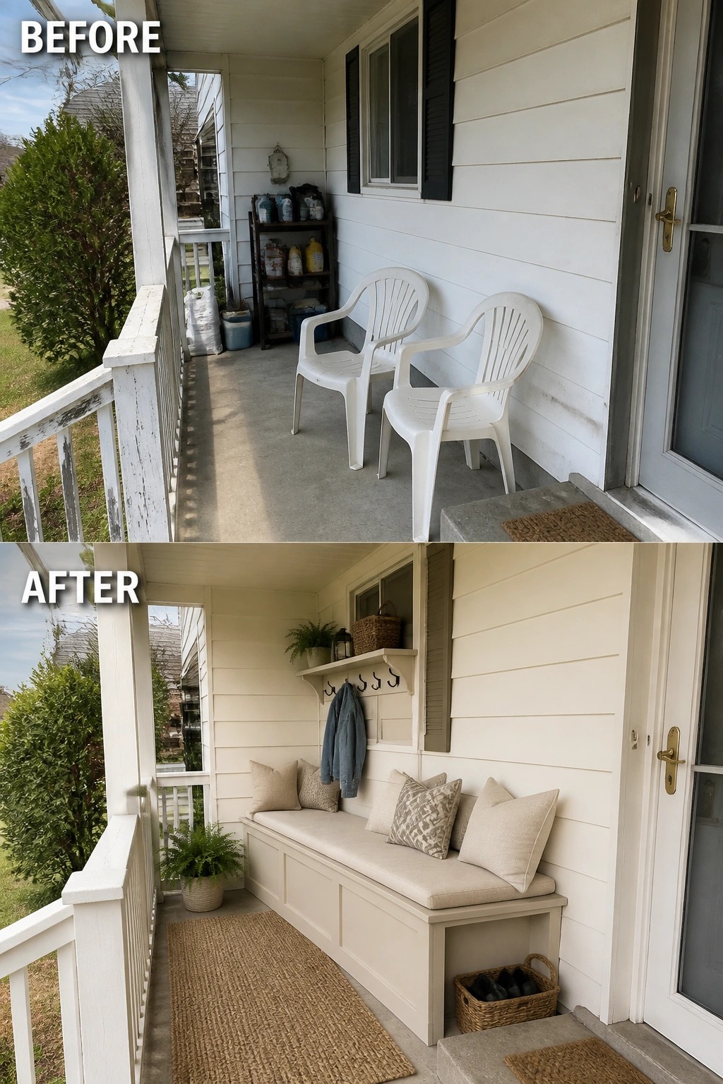 Before-and-after image of a bare covered front porch updated with a built-in storage bench, cushions, hooks, a rug, and a storage basket.