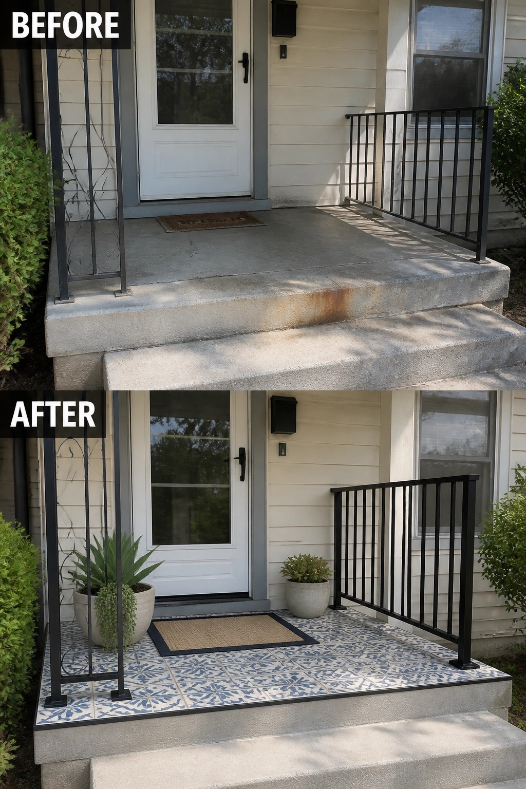 Before-and-after image of a small concrete front porch updated with patterned tile flooring, a doormat, and potted plants.
