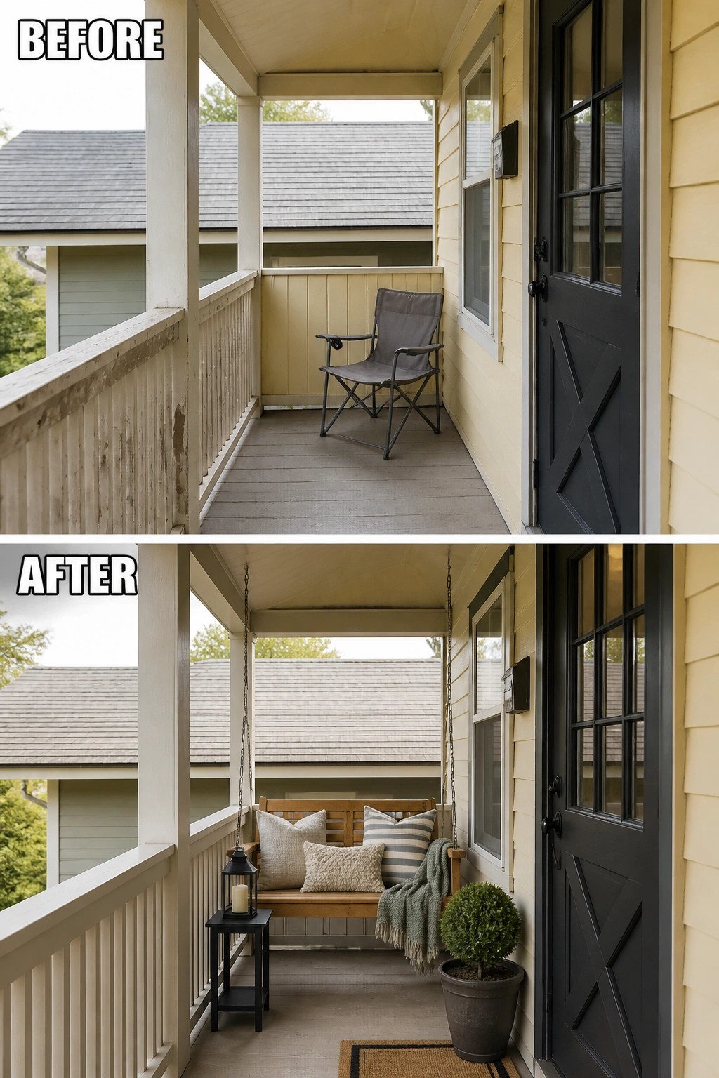 Before-and-after image of a small covered porch updated from a nearly empty space with a folding chair to a styled entry with a hanging wooden bench, pillows, a rug, a lantern, and a potted plant.