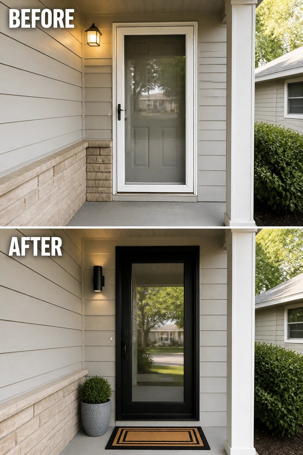 Before-and-after image of a small covered front porch updated with a