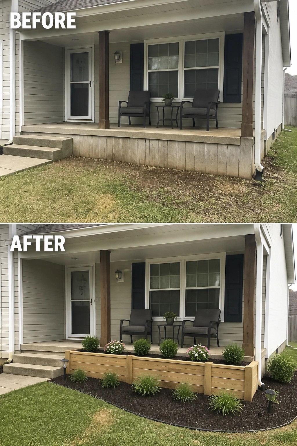 Before-and-after image of a small covered front porch updated by adding a low wooden planter bed with plants, mulch, and pathway lighting.
