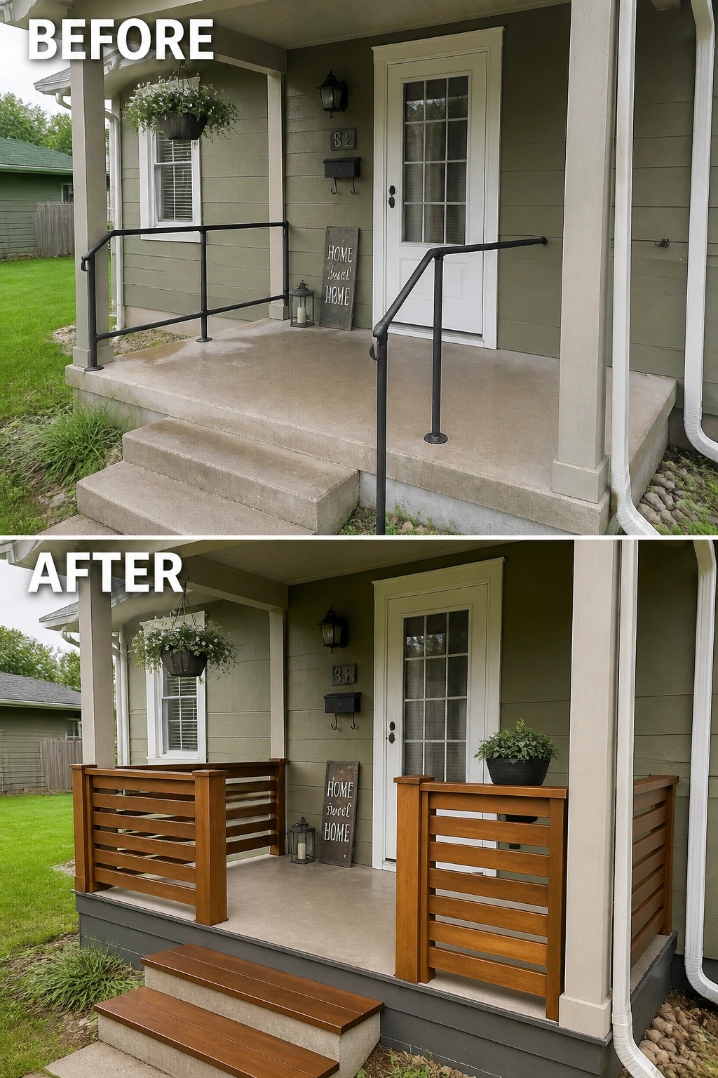 Before-and-after image of a small covered front porch where thin metal railings and bare concrete steps are replaced by horizontal wooden railings and wooden step treads.