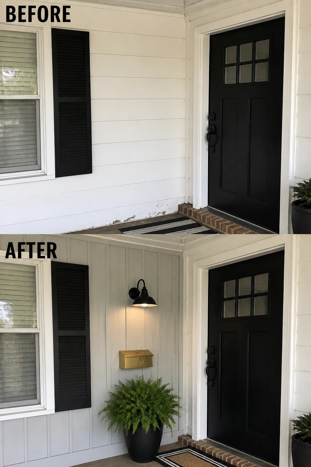 Before-and-after image of a plain front porch updated
