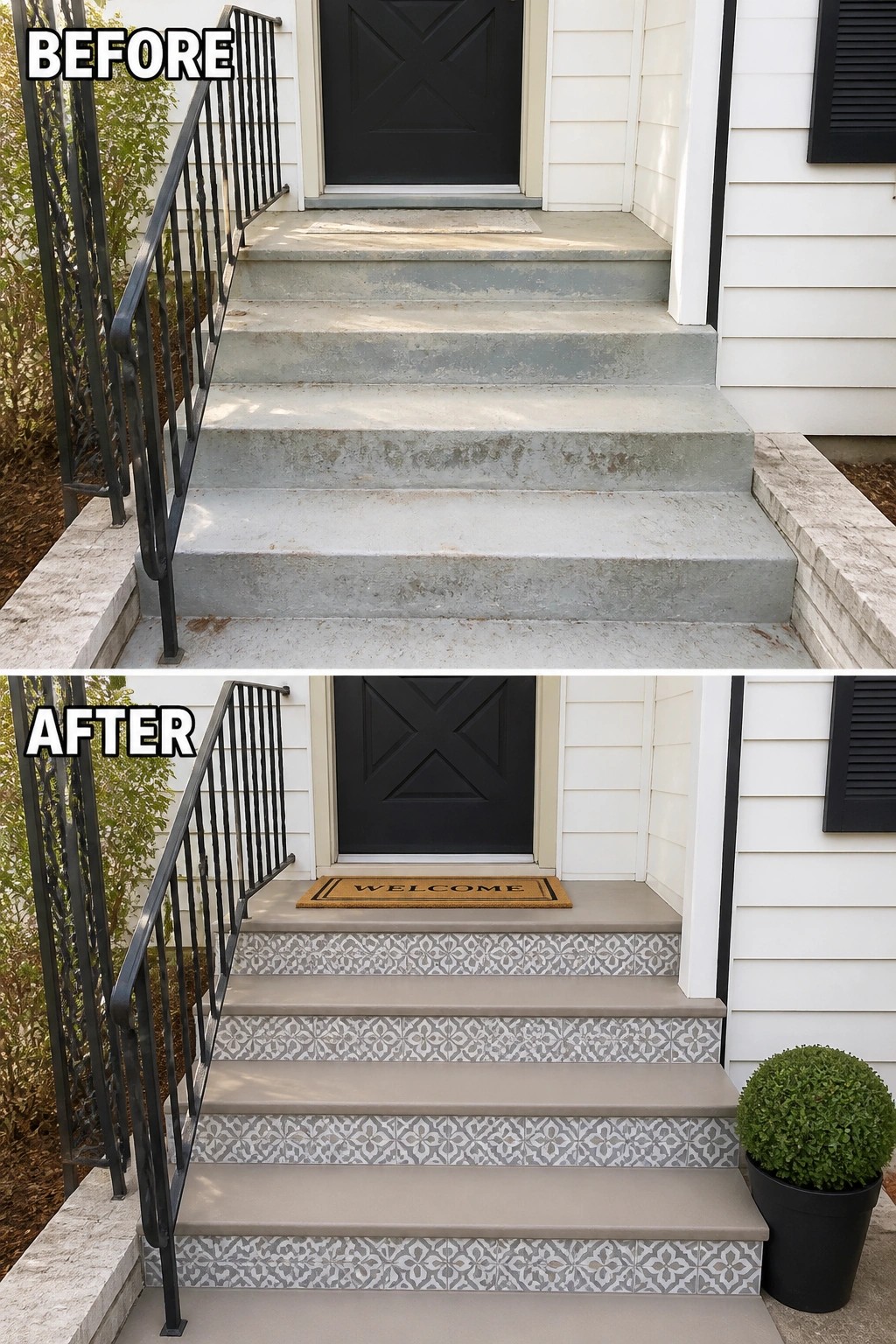Before-and-after image of a plain concrete front stoop updated with painted treads, patterned risers, a welcome mat, and a potted plant.