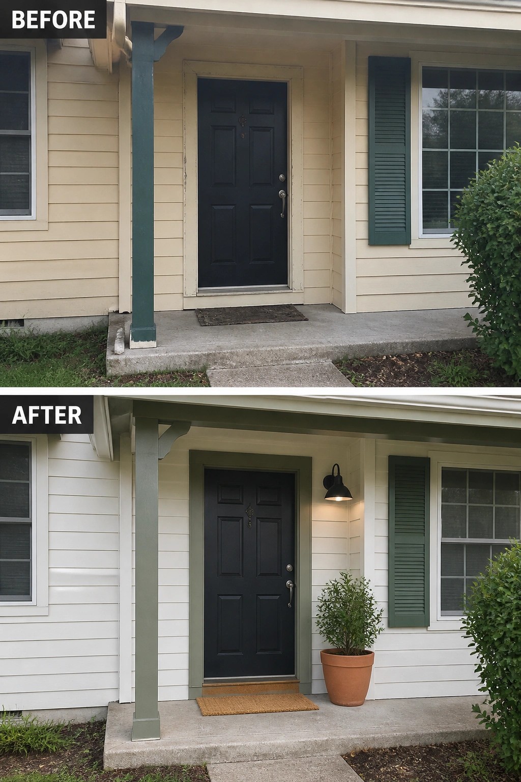 Before-and-after image of a small covered front porch updated with fresh trim paint, a new wall sconce, a potted plant, and a doormat.