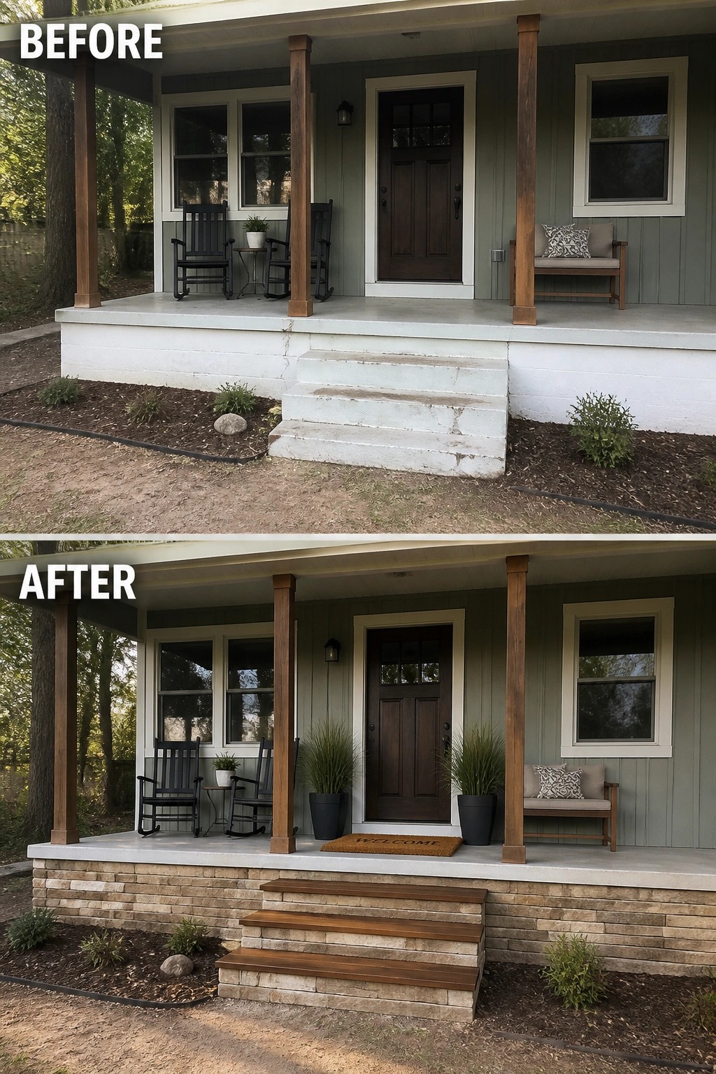 Before-and-after image of a bare front porch updated with stone-faced risers, new wood-topped steps, potted plants, and a welcome mat.