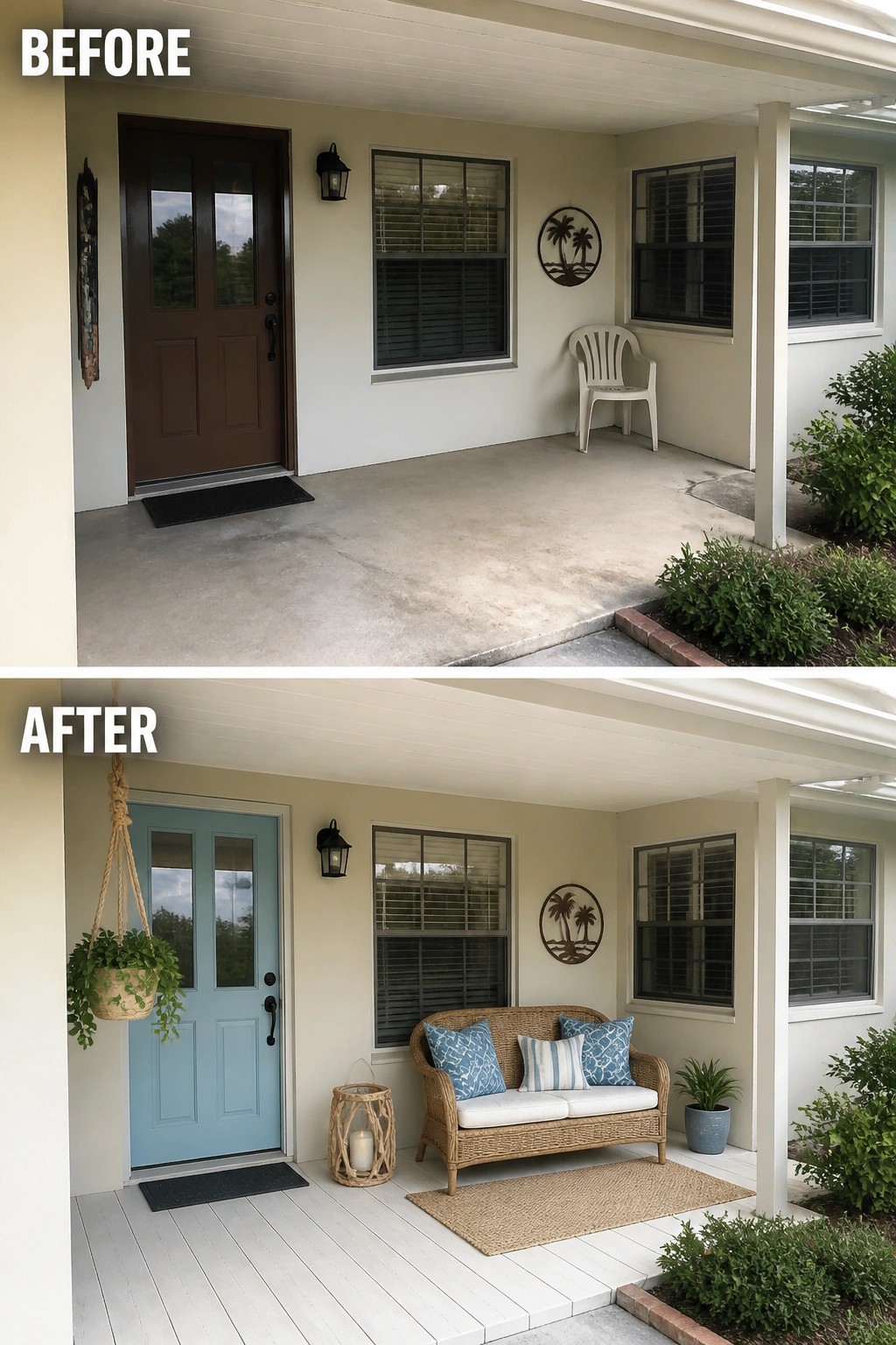 Before-and-after image of a bare covered porch updated with a painted front door and porch floor, a small wicker loveseat, a rug, and potted plants.