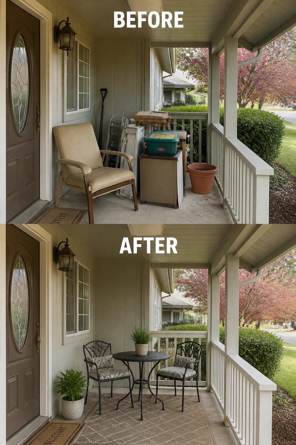 Before-and-after image of a small covered front porch cleared of clutter and updated with a bistro table, two chairs, a rug, and potted plants.