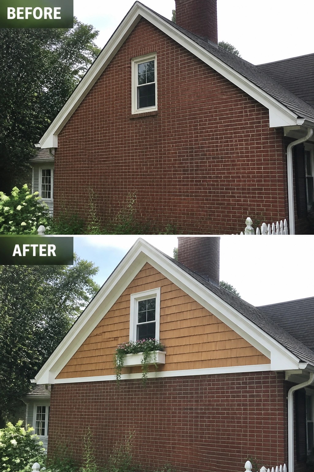 Before-and-after image of a brick house gable updated by adding warm shingle siding, white trim, and a window planter above the brick wall.