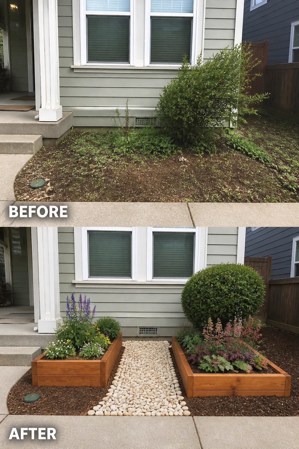 Before-and-after image of a plain front planting strip changed into two wooden raised garden beds flanking a central pebble path.