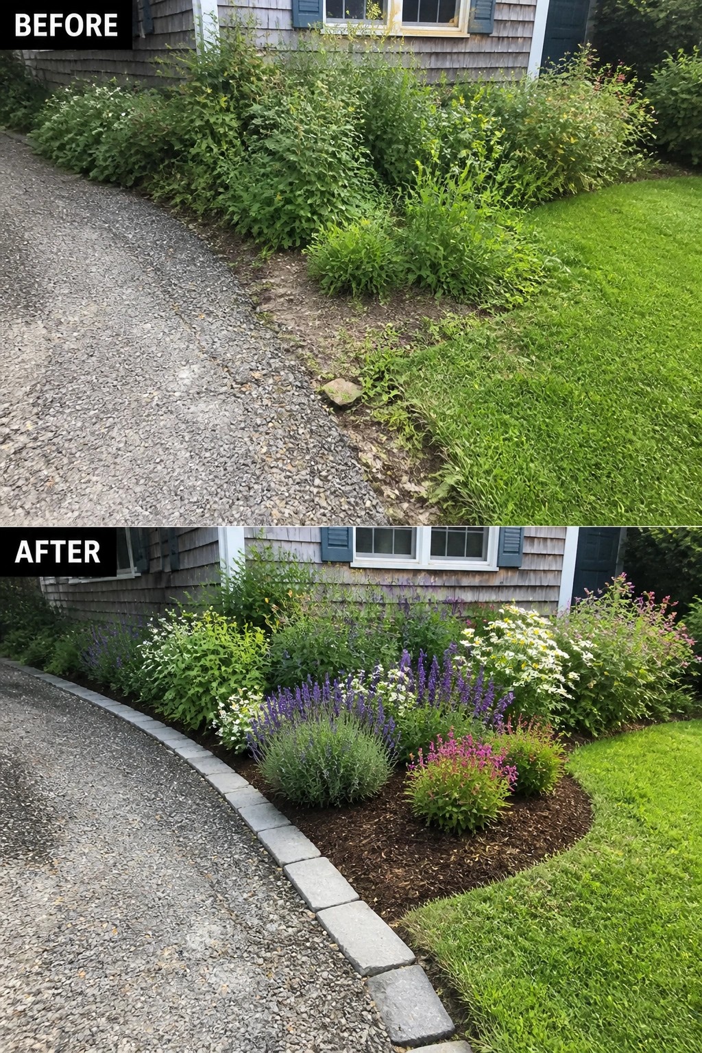 Before-and-after image of an overgrown driveway edge turned into a defined mulched garden bed with stone paver edging and flowering perennials.
