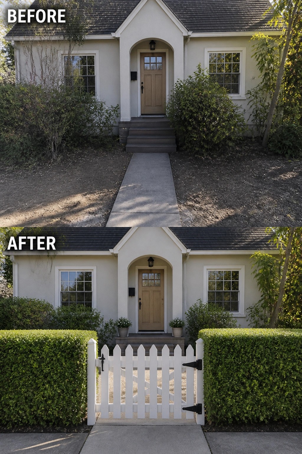 Before-and-after image of a small cottage front where an overgrown bare yard is cleaned up and given a low trimmed hedge, white picket gate, and matching planters to define the entry.