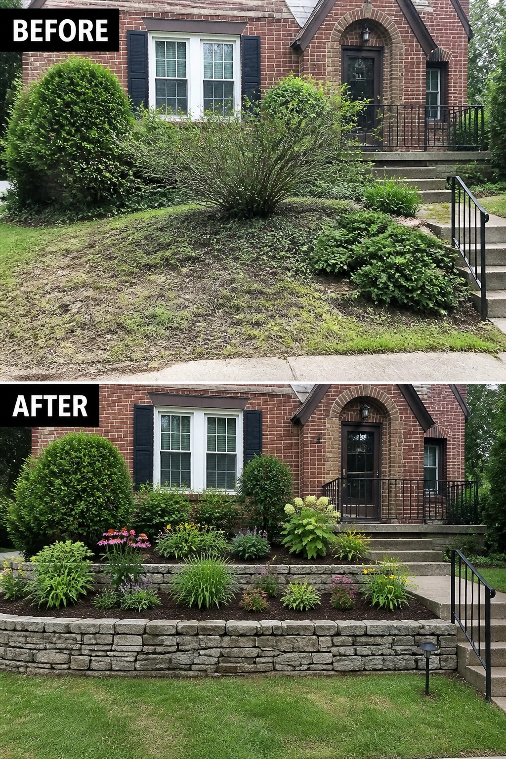 Before-and-after image of a sloped front yard converted from a bare, patchy mound into tiered planting beds edged with a low stacked-stone retaining wall and planted with perennials.